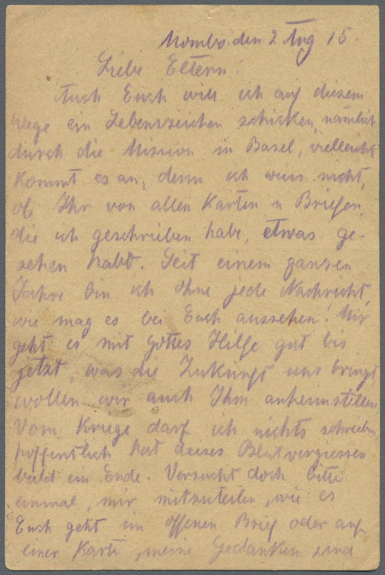 Br Deutsch-Ostafrika: 1915, 7 1/2 H Yacht Auf Feldpostkarte Ab MOMBO Am 3.3.15 Mit Rotem Zensurstempel - Afrique Orientale