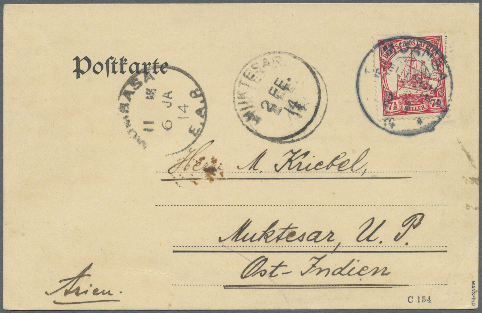 Br Deutsch-Ostafrika: 02.01.14: 7 1/2H (Mi.32) Mit Stempel MUANSA Auf Postkarte Via Mombasa (6.1.14) Na - Afrique Orientale