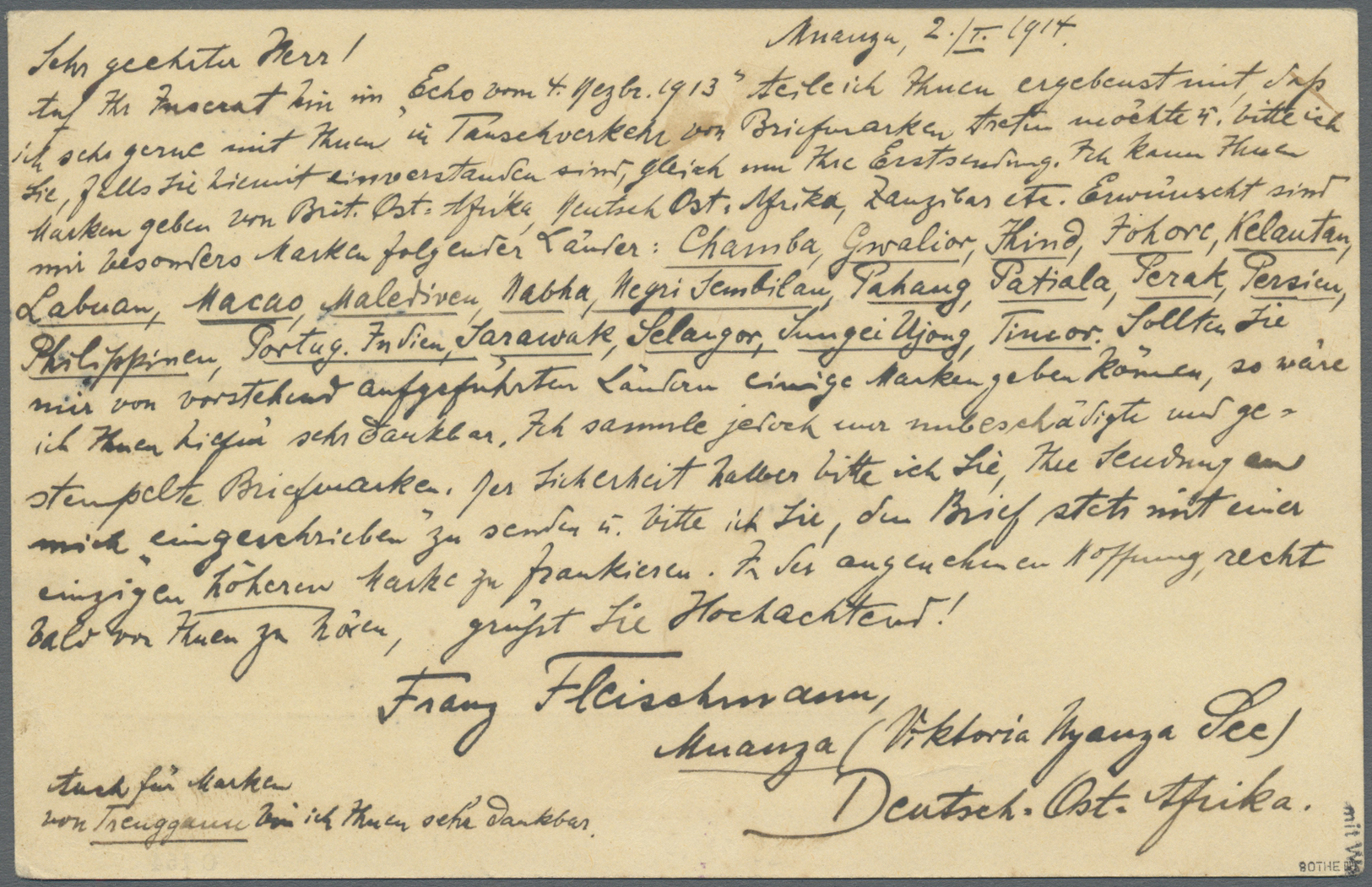 Br Deutsch-Ostafrika: 02.01.14: 7 1/2H (Mi.32) Mit Stempel MUANSA Auf Postkarte Via Mombasa (6.1.14) Na - Duits-Oost-Afrika