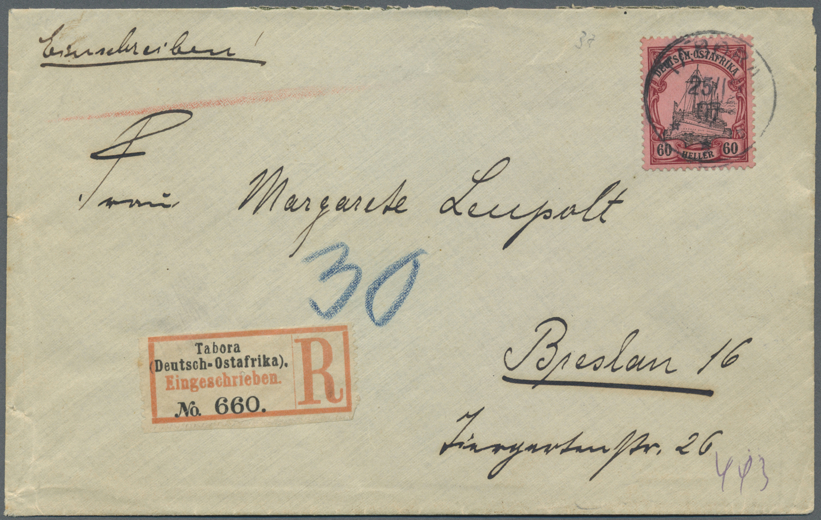 Br Deutsch-Ostafrika: 1907, 60 Heller Kaiserliche Jacht Als Seltene Einzelfrankatur Auf überfrankiertem - Afrique Orientale