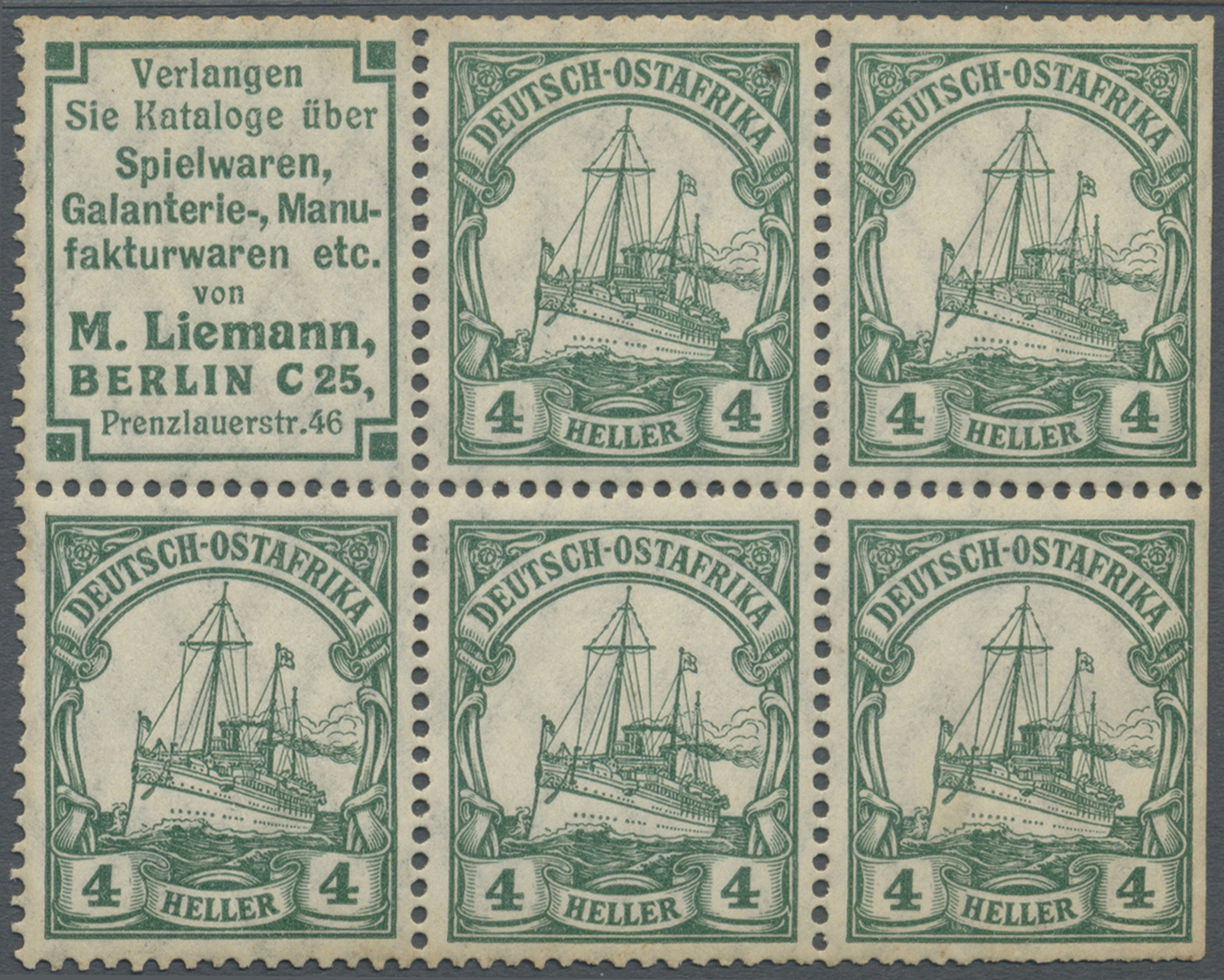 * Deutsch-Ostafrika - Zusammendrucke: 1912, Reklame M. Liemann + 4 H. Kaiseryacht Im Heftchenblatt Mit - Duits-Oost-Afrika