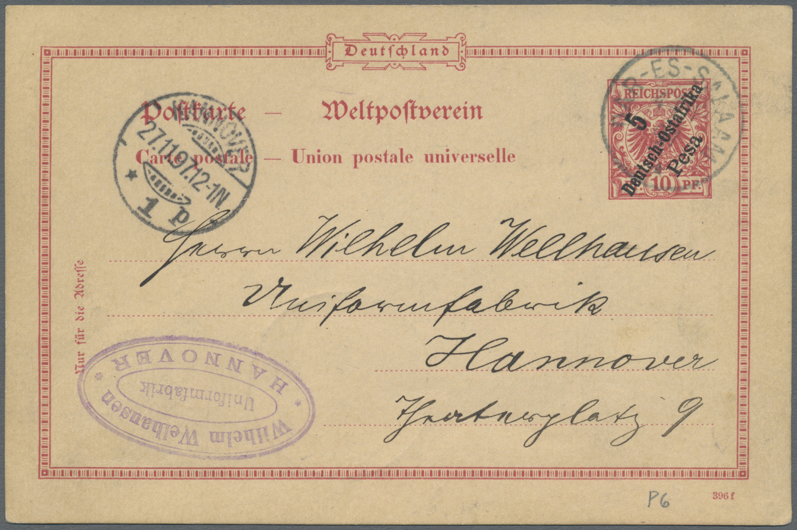Br Deutsch-Ostafrika - Ganzsachen: 04.11.1897: 5 Pesa GSK (Mi.P6) Mit Stempel DAR-ES-SALAAM An Die Unif - Duits-Oost-Afrika