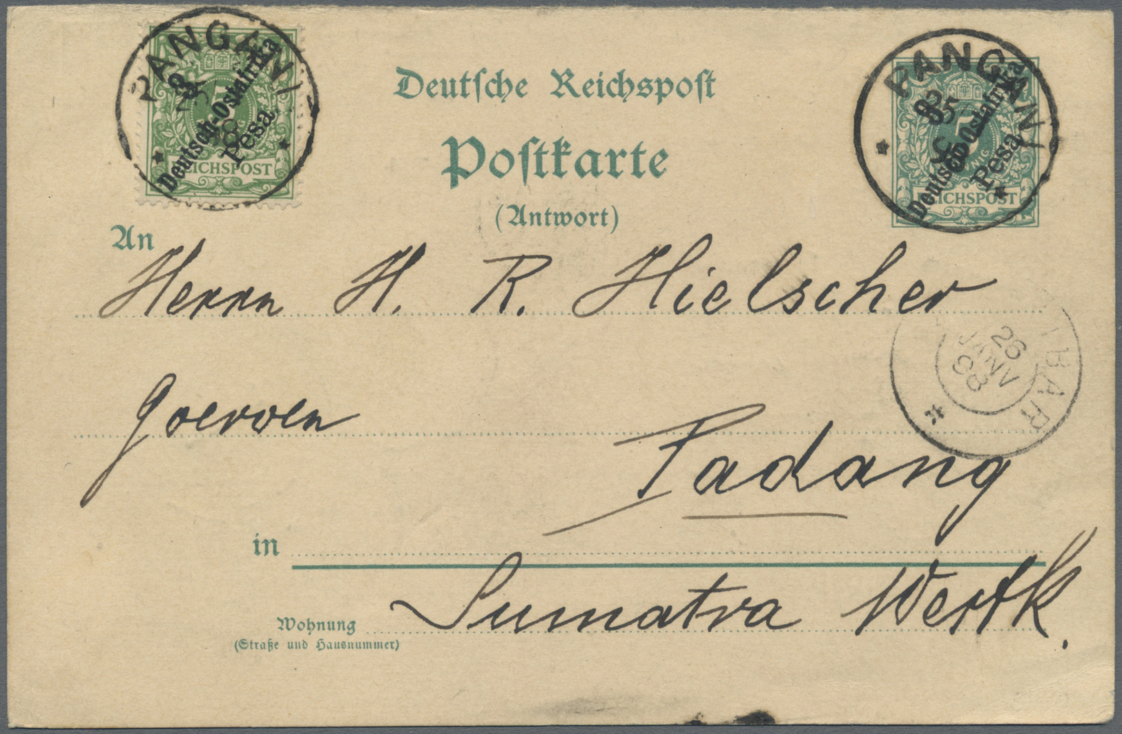 GA Deutsch-Ostafrika - Ganzsachen: 25.01.1898: 3 Pesa Zusatzfrankatur Auf 3 Pesa GSK (Mi.7,P7 Antwortte - Deutsch-Ostafrika