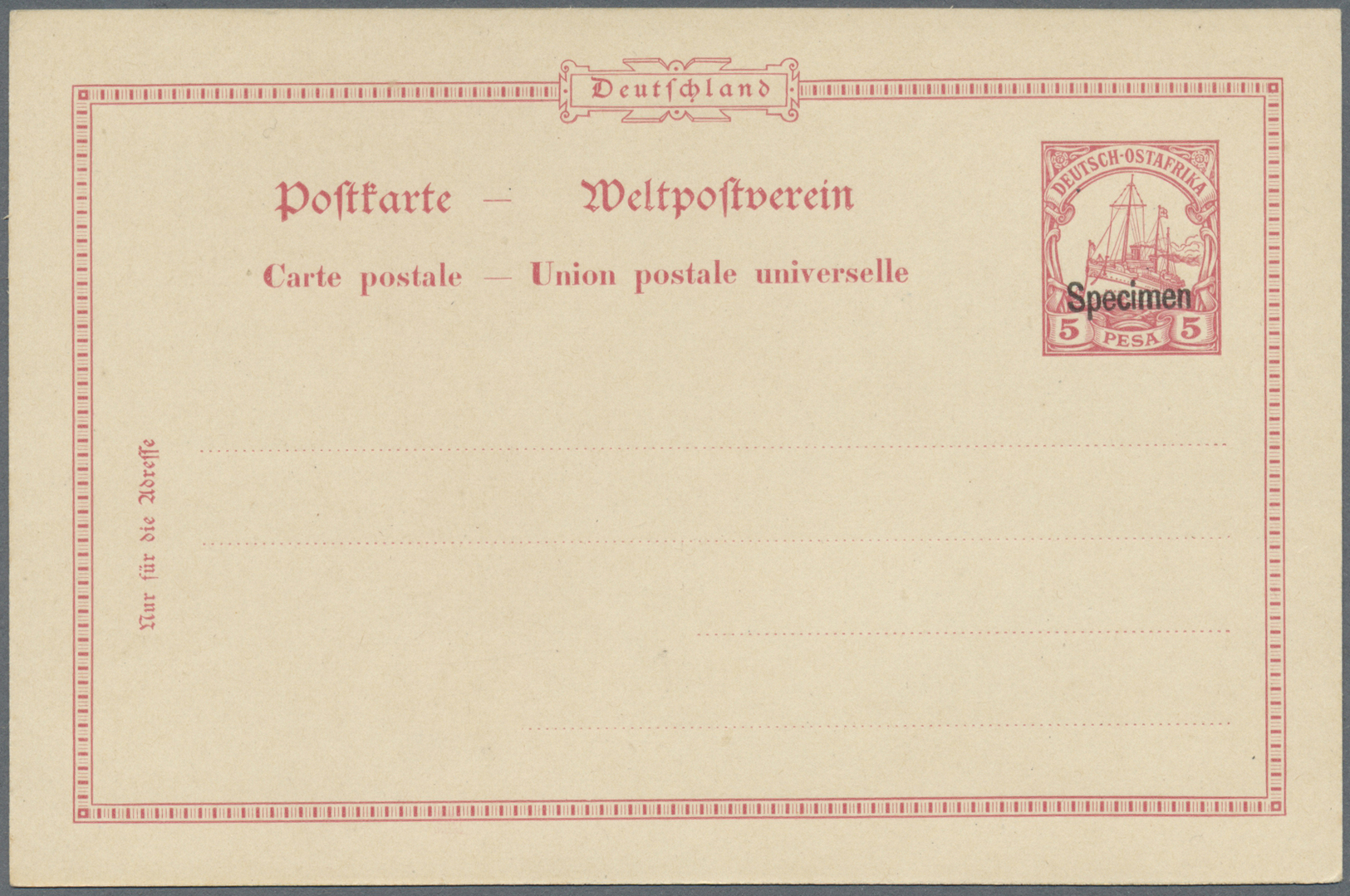 GA Deutsch-Ostafrika - Ganzsachen: 1900, 5 Pesa GSK Mit Schwarzem Aufdruck "Specimen" Ungebr. (Mi. 250, - Duits-Oost-Afrika