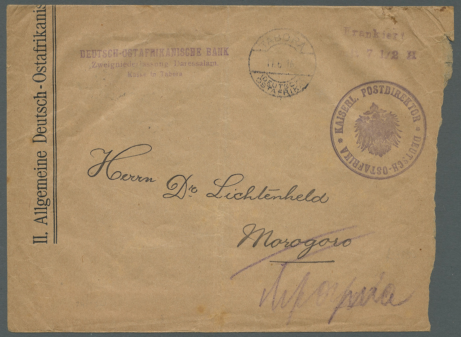 Br Deutsch-Ostafrika - Ganzsachen: 1916, "Frankiert/mit 7 1/2 H" Violetter L2 Mit Dienstsiegel Und Tage - German East Africa