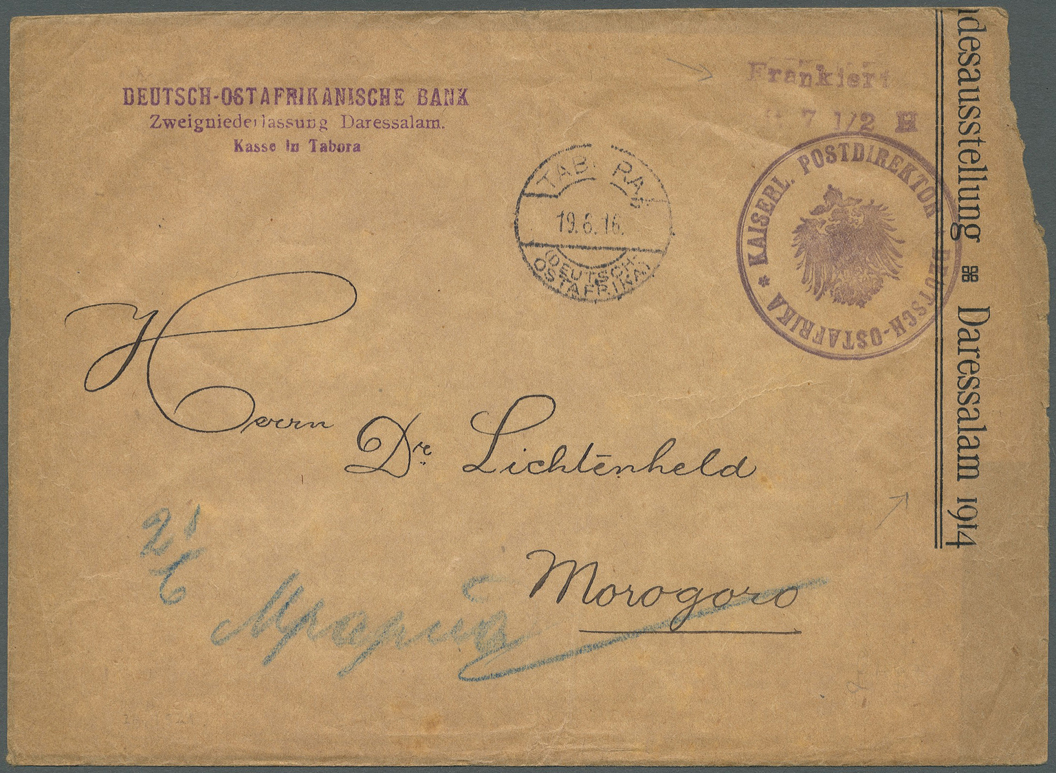 Br Deutsch-Ostafrika - Ganzsachen: 1916, "Frankiert/mit 7 1/2 H" Violetter L2 Mit Dienstsiegel Und Tage - Duits-Oost-Afrika