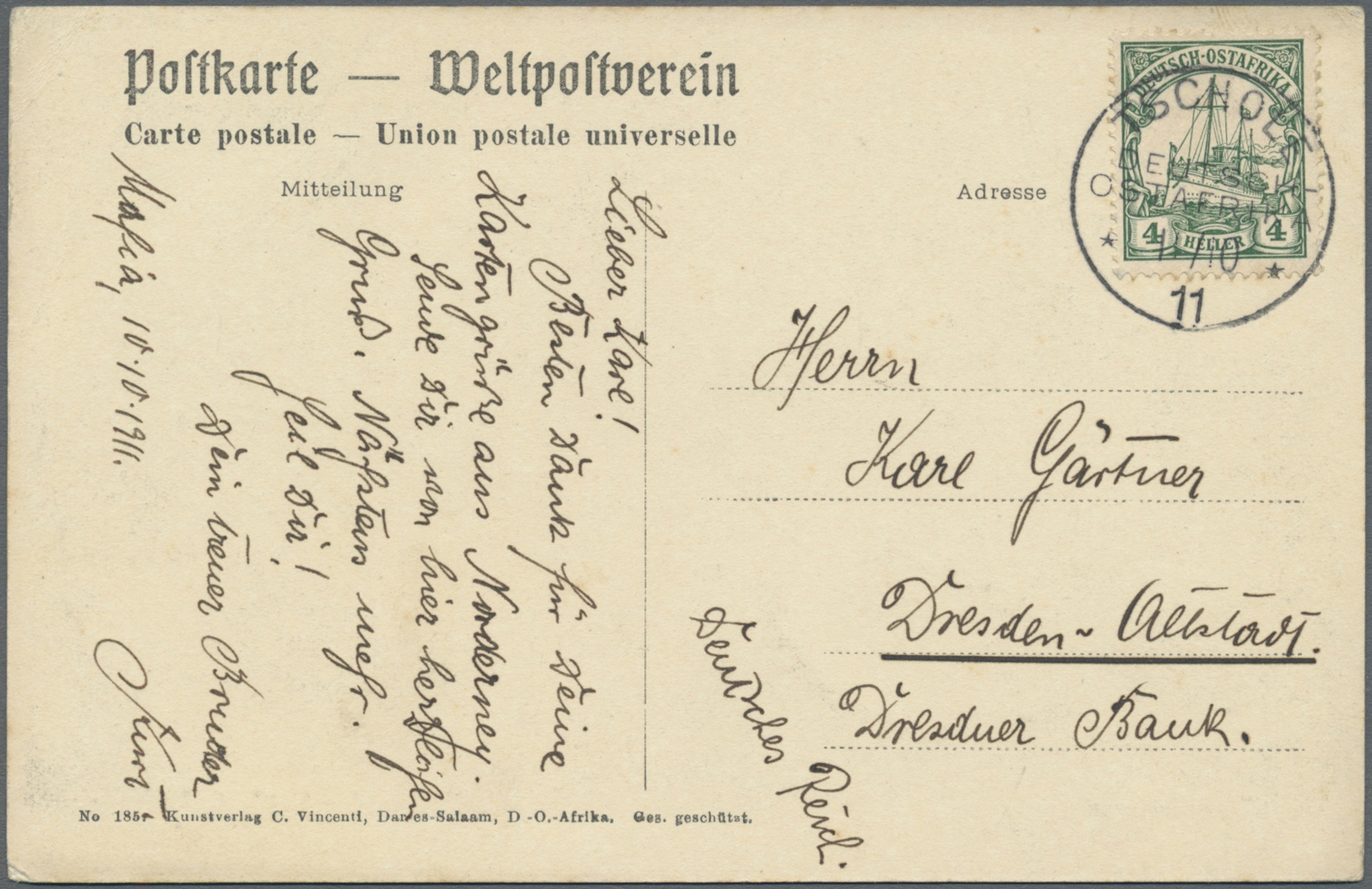 Br Deutsch-Ostafrika - Stempel: "TSCHOLE DEUTSCH-OSTAFRIKA" Ansichtskarte Vom 11.10.1911 Mit Luxusabsch - Duits-Oost-Afrika