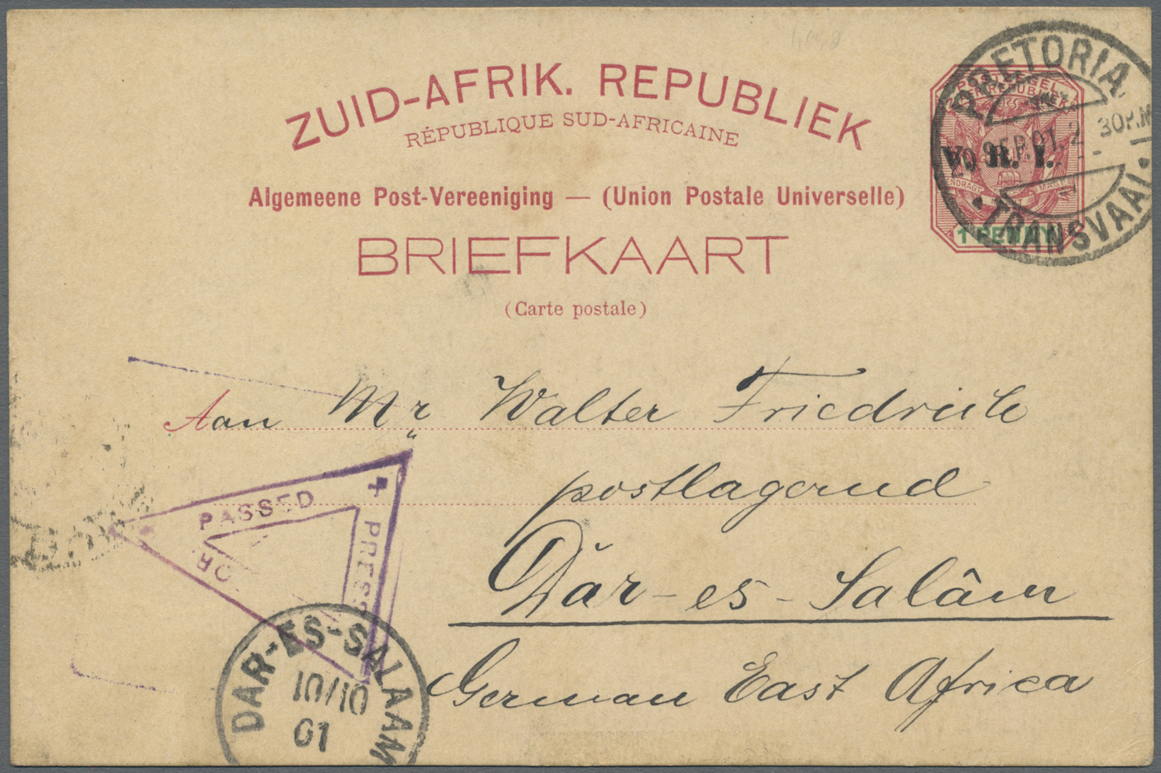 GA Deutsch-Ostafrika - Besonderheiten: 20.09.01: Transvaal "V.R.I." 1 Penny GSK Mit Stempel PRETORIA Un - Duits-Oost-Afrika