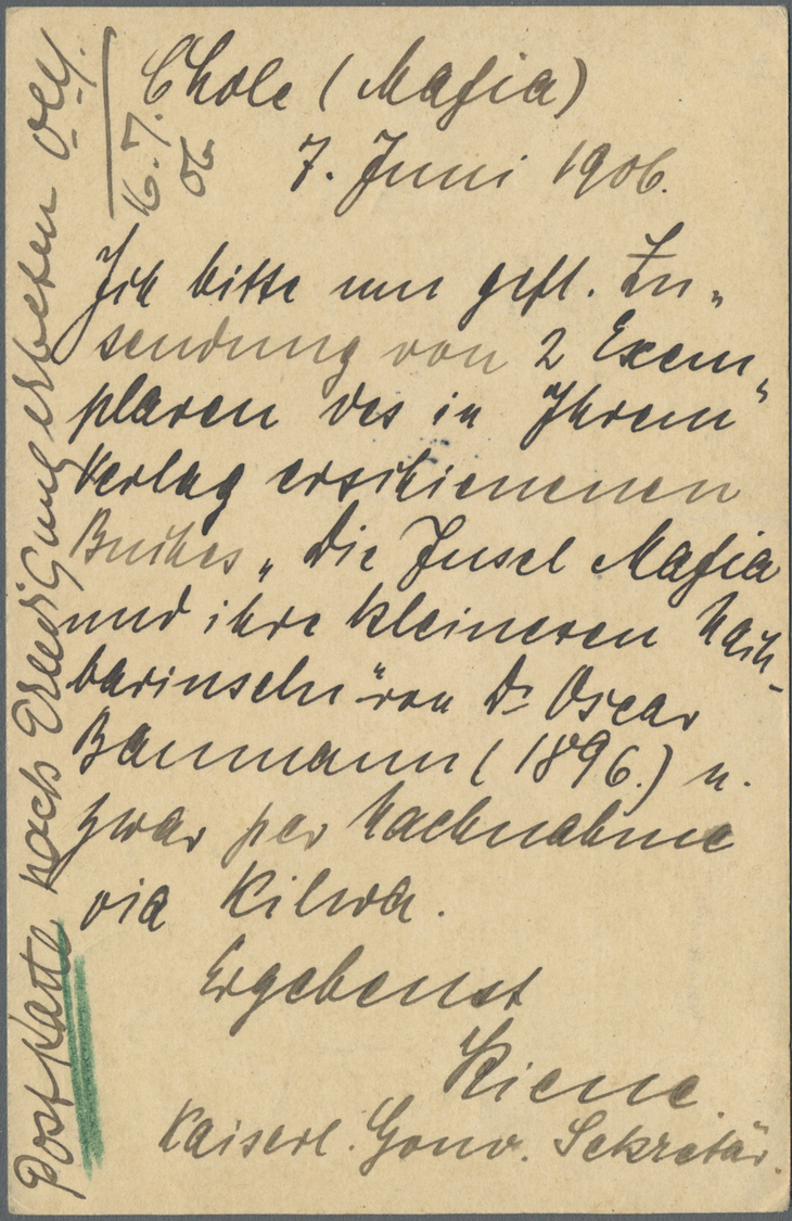 GA Deutsch-Ostafrika - Besonderheiten: 1906 (12.6.), 4 H. GA-Karte Aus "Chole"/Insel Mafia (7.6.) Vom K - Duits-Oost-Afrika