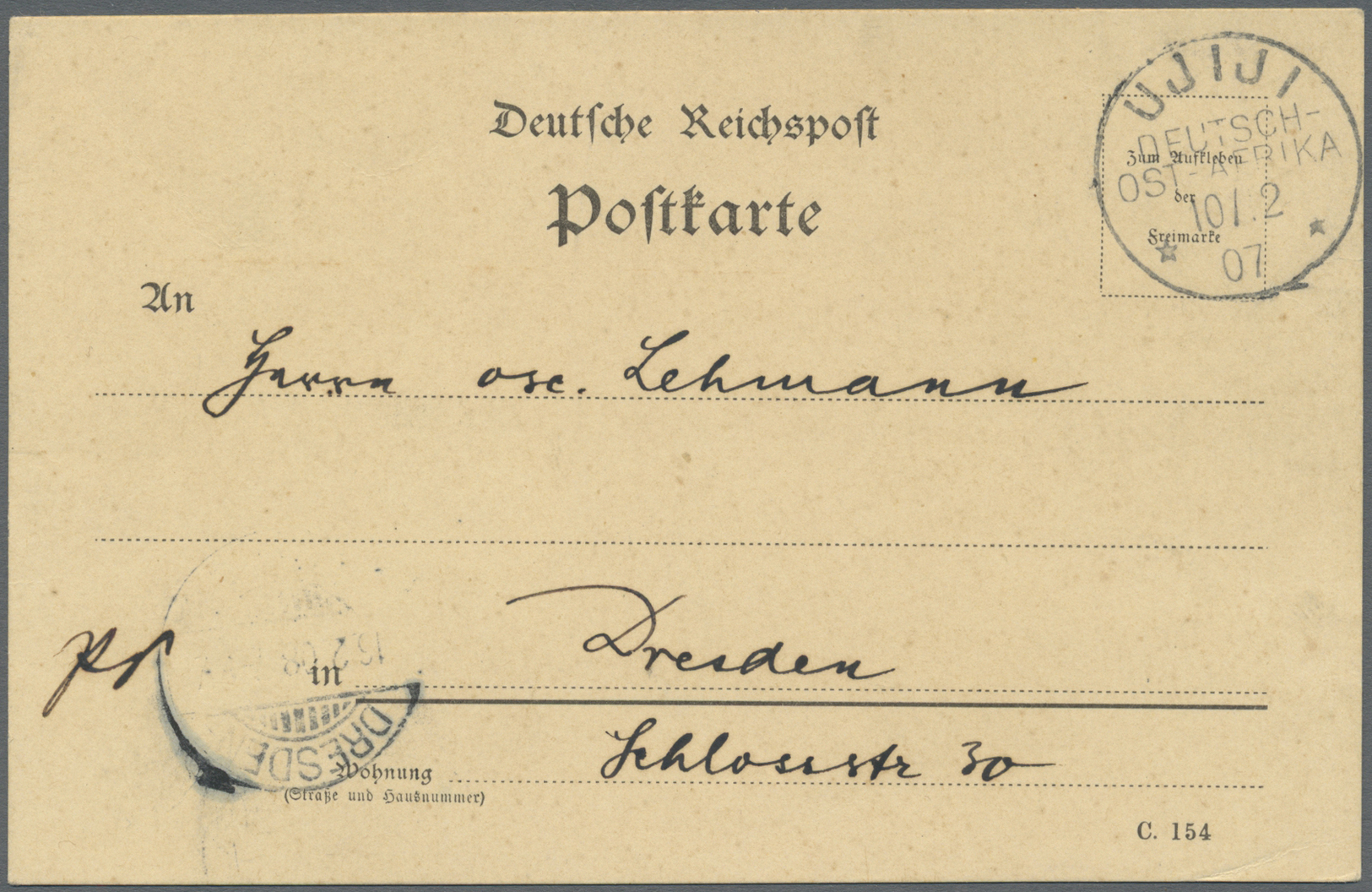 Br Deutsch-Ostafrika - Besonderheiten: 10.12.07: "C.154" Postkarte Mit Stempel UJIJI Als Portofreie "PS - Duits-Oost-Afrika