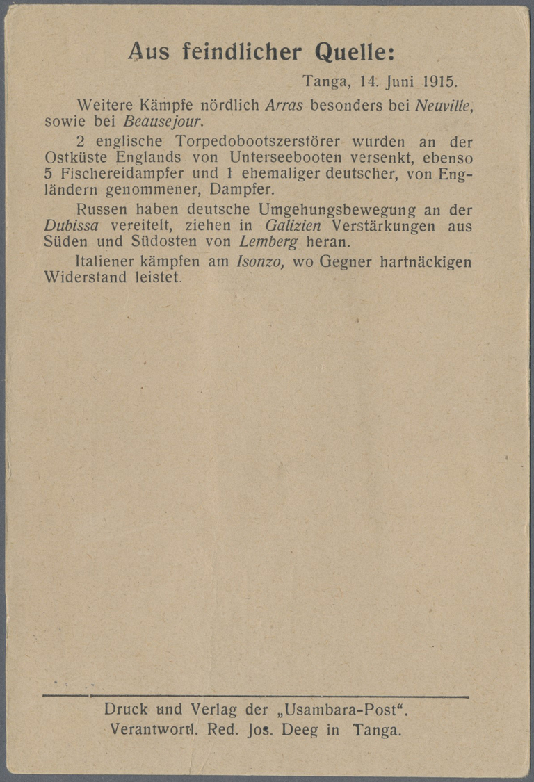 Br Deutsch-Ostafrika - Besonderheiten: 1915, Viol. R3 "Frei Lt. Einn. / Nachw. In / Tanga" Mit Zwei Nam - Afrique Orientale