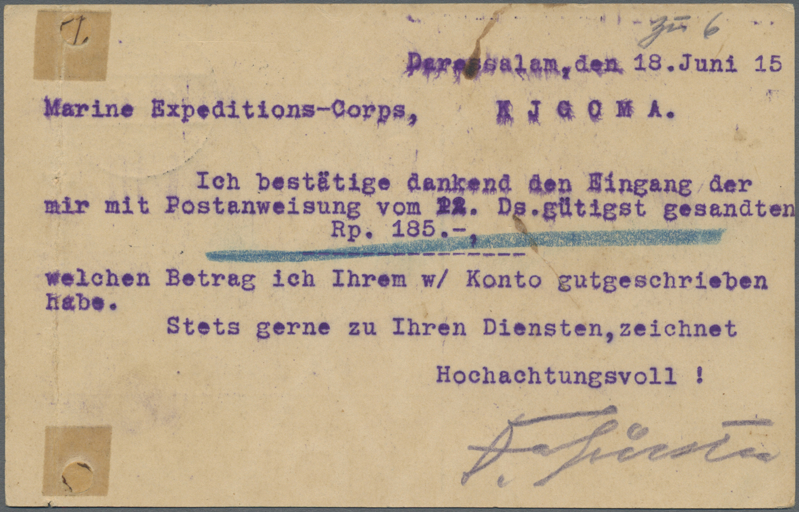 GA Deutsch-Ostafrika - Besonderheiten: 1915 (18.6.). 4 H. GA-Karte (geschlossene Aktenlochung Mit Tesaf - Duits-Oost-Afrika