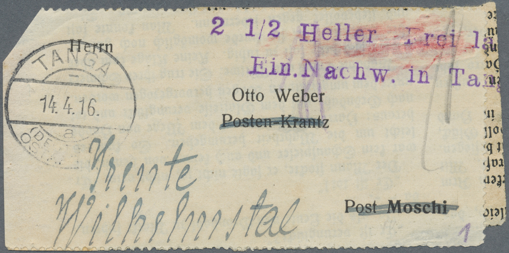 Br Deutsch-Ostafrika - Besonderheiten: 1916, "2 1/2 Heller Frei Laut Ein.Nachw. In Tanga" Violetter 2-Z - Afrique Orientale