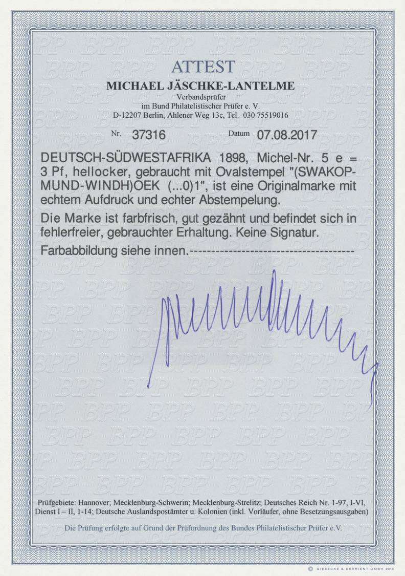 O Deutsch-Südwestafrika: 1898: 3 Pfg. Krone/Adler In "e" Farbe, Mit Teil Des Oval-Stpl. "Swakopmund-Wi - Sud-Ouest Africain Allemand