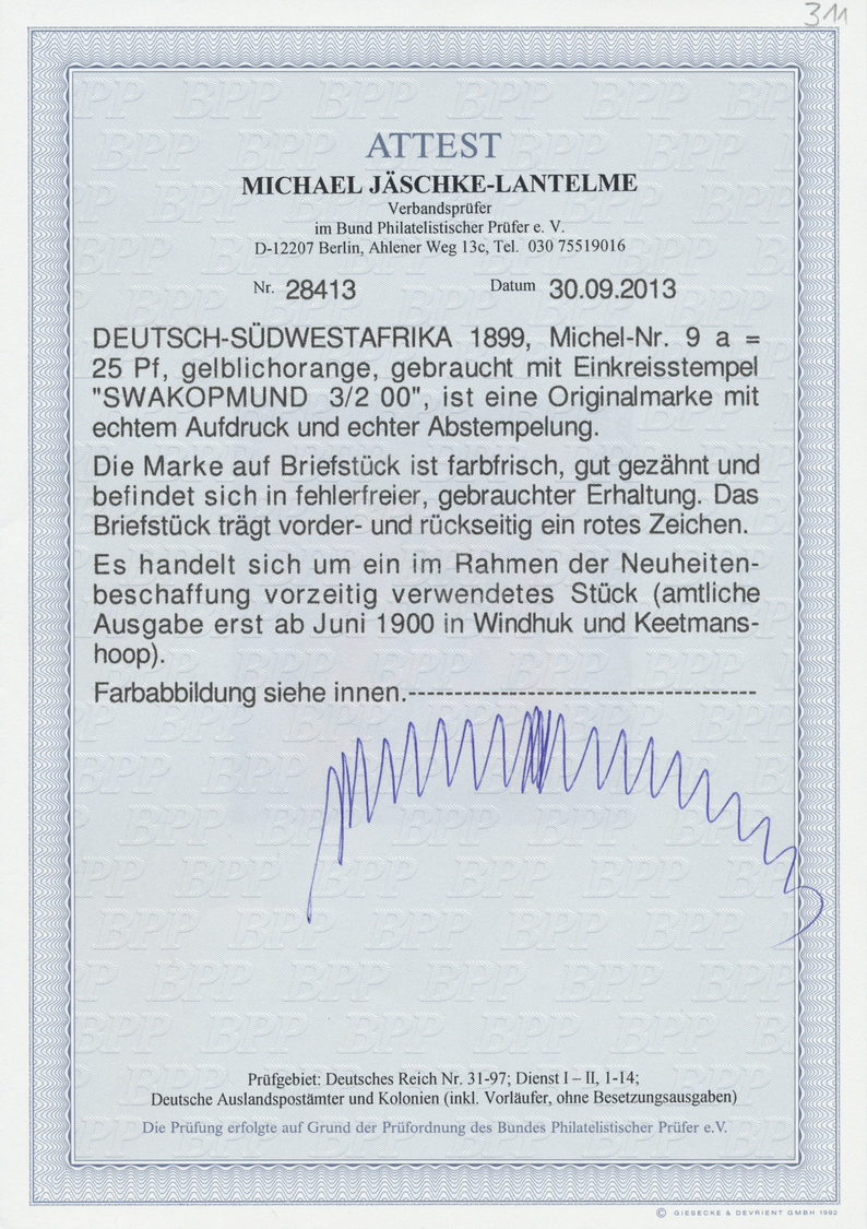 Brfst Deutsch-Südwestafrika: 1899, 25 Pfg. Gelblichorange Auf Briefstück, Klar Und Voll Entwertet "SWAKOPM - Duits-Zuidwest-Afrika