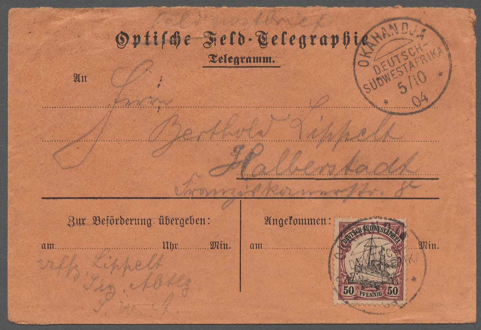 Br Deutsch-Südwestafrika: 1901, 50 Pf Schiffszeichnung Als Einzelfrankatur (etwas Rauh Geöffnet, Zähnun - Duits-Zuidwest-Afrika