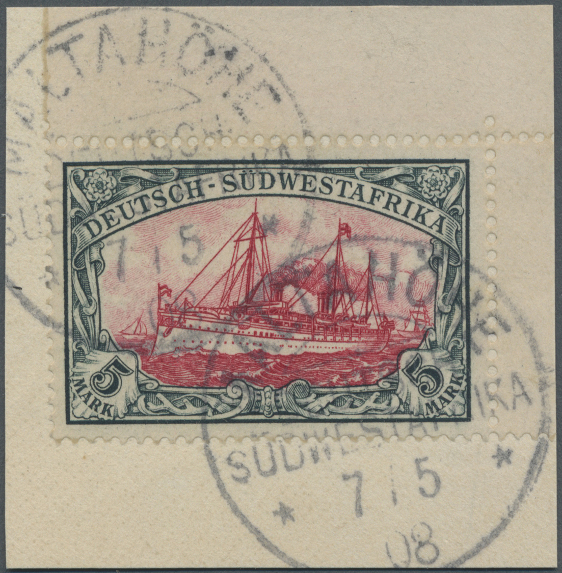 Brfst Deutsch-Südwestafrika: 1901, 5 M. Kaiseryacht, Zentrierte Luxusbogenecke Oben Rechts Auf Kleinem Bri - Duits-Zuidwest-Afrika