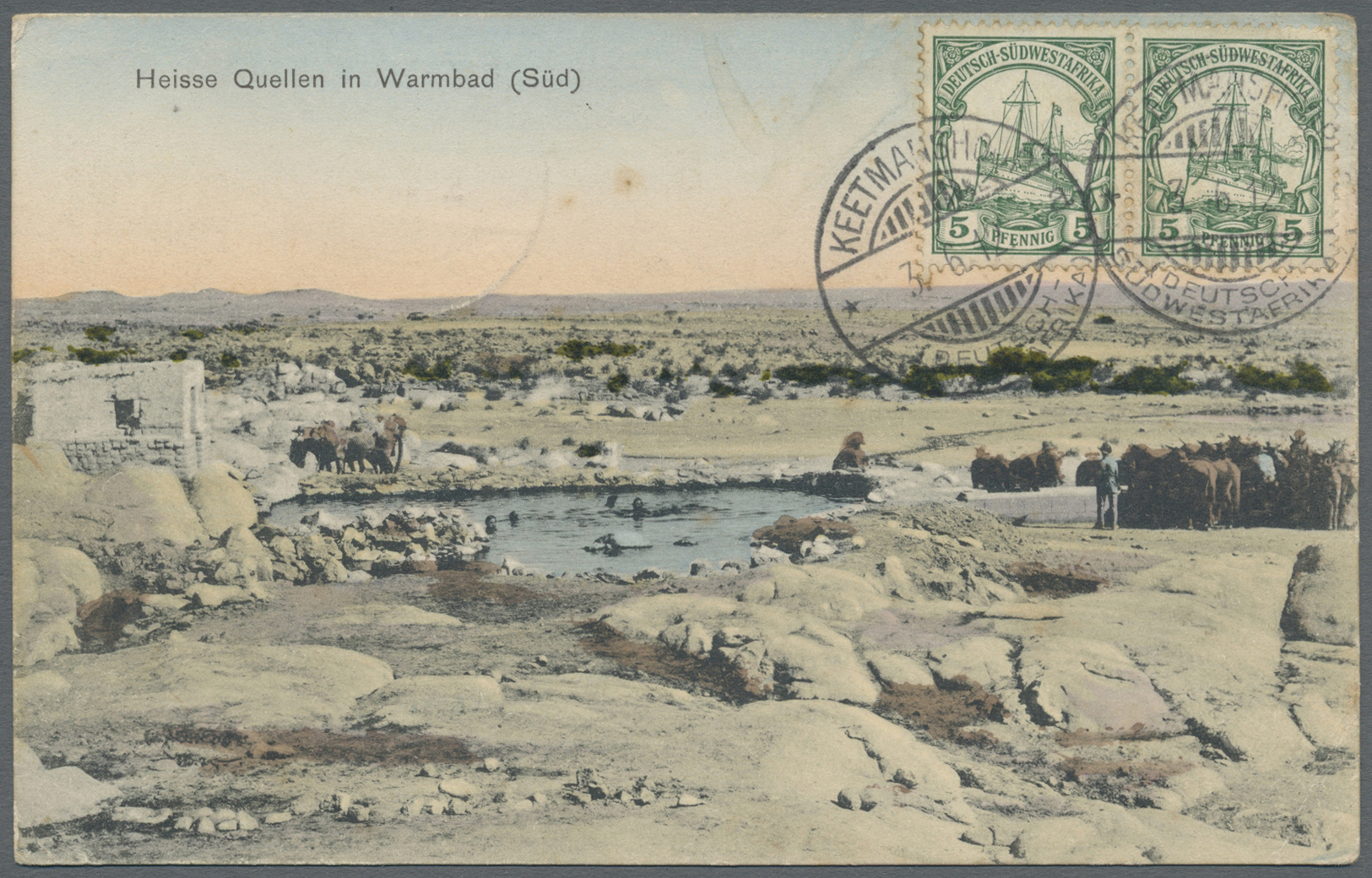 Deutsch-Südwestafrika: 1912, 5 Pfg Grün Im Paar Vorderseitig Auf Ansichtskarte "Heisse Quellen Von W - Sud-Ouest Africain Allemand