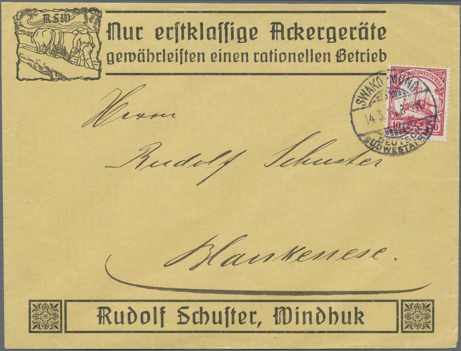 Br Deutsch-Südwestafrika: 1914 (14.3), Sehr Dekoratives, Beidseitig Bedrucktes Reklamekuvert Der Firma - Duits-Zuidwest-Afrika