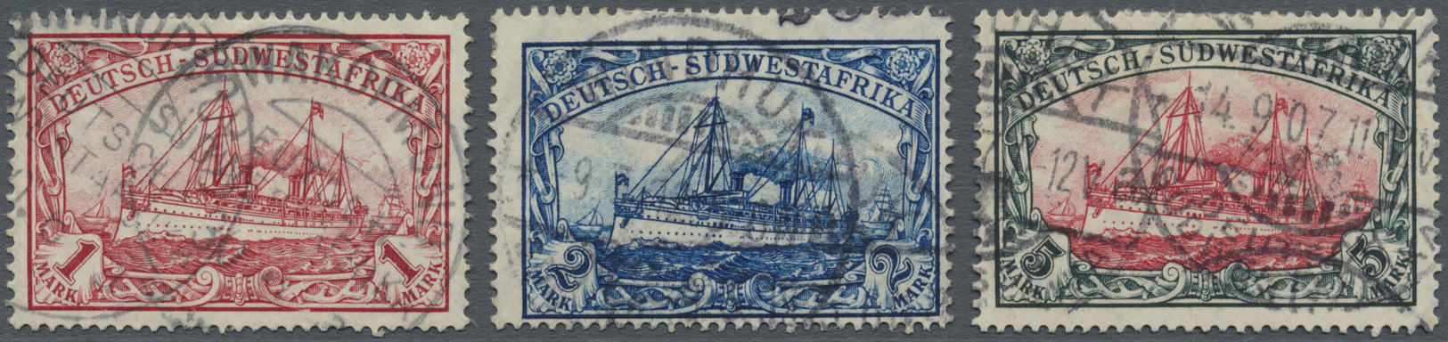 O Deutsch-Südwestafrika: 1908, 1 M., 2 M. Und 5 M. Kaiseryacht Mit Wasserzeichen Und Zähnungslöcher 26 - Sud-Ouest Africain Allemand