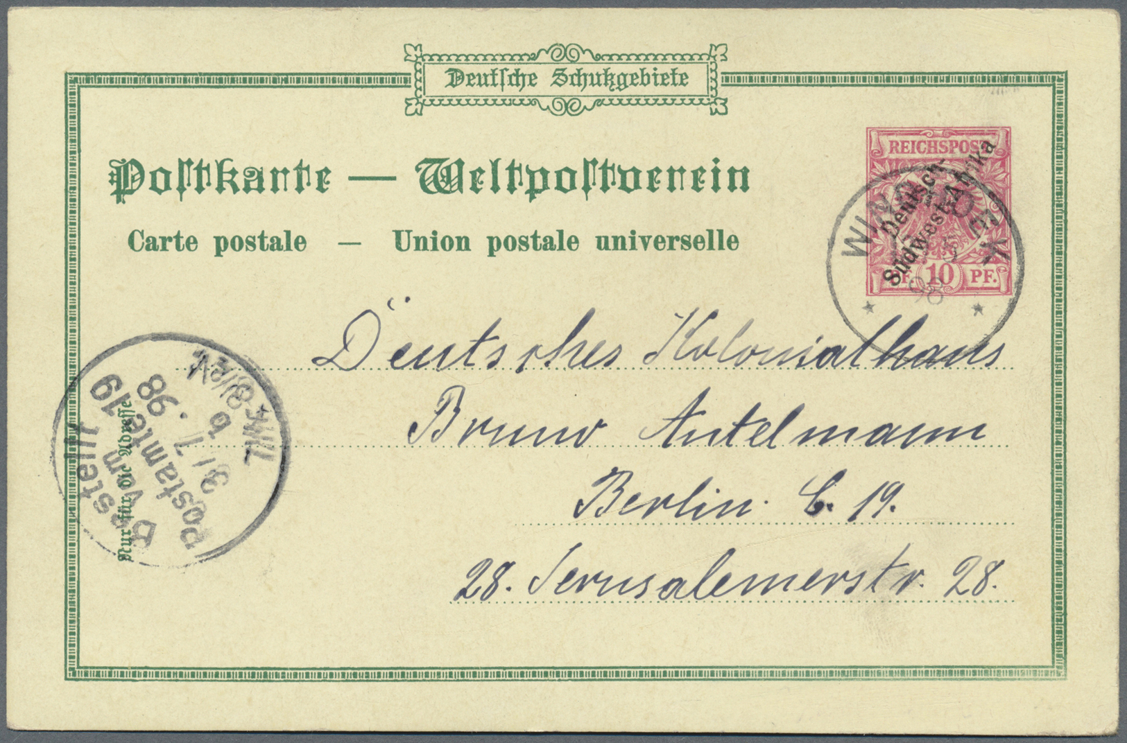 GA Deutsch-Südwestafrika - Ganzsachen: 1898/1899. Lot Von 3 Privat-Postkarten 10 Pf Krone/Adler "Deutsc - Duits-Zuidwest-Afrika