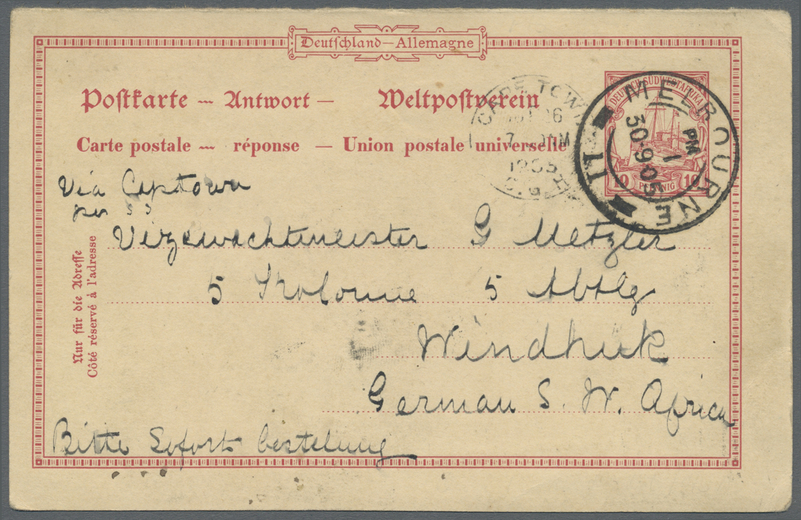 GA Deutsch-Südwestafrika - Ganzsachen: 1905 (30.9.),  10 Pfg. GA-Karte, Antwortteil Der Doppelkarte Mit - Sud-Ouest Africain Allemand