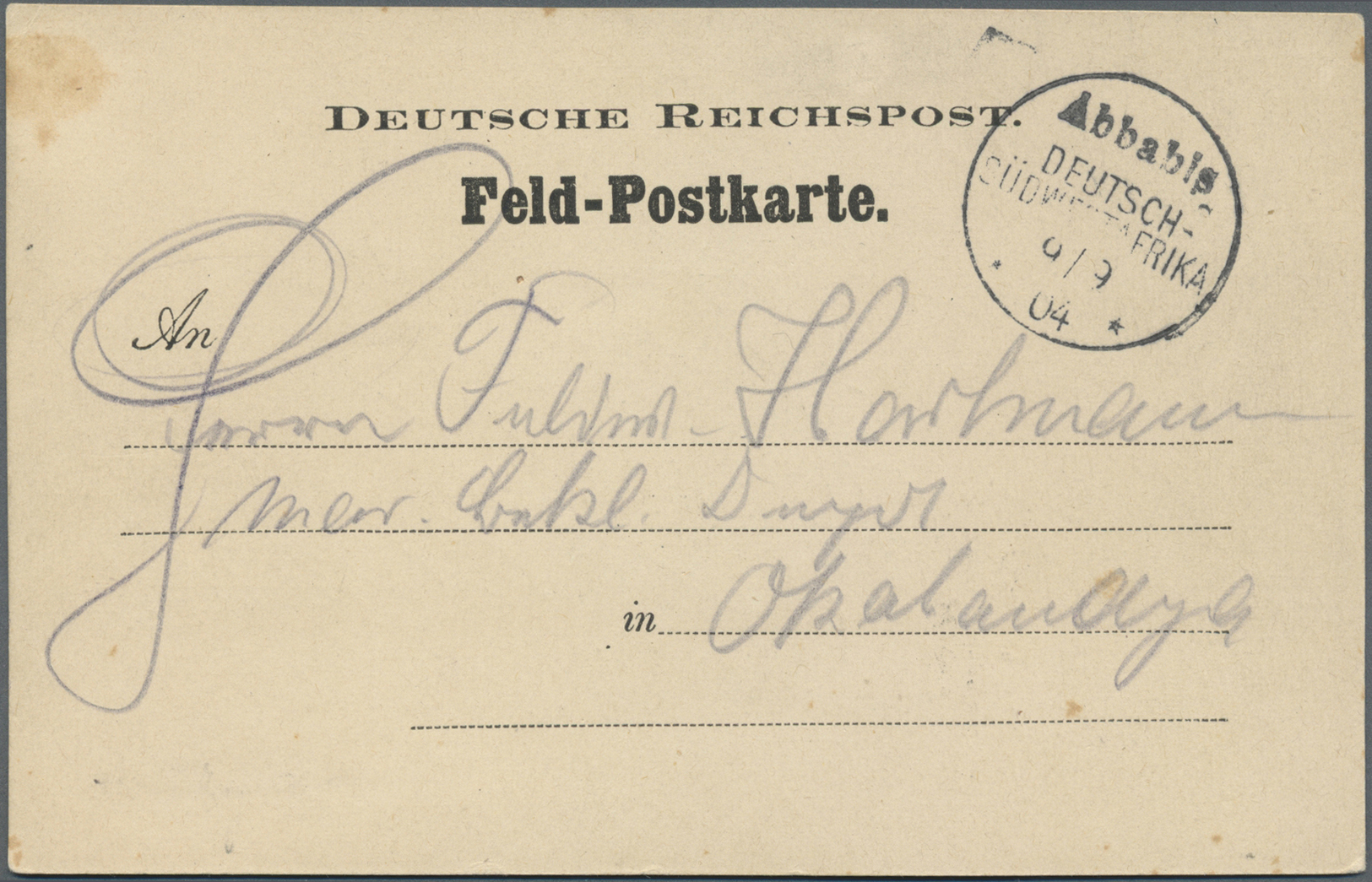 Br Deutsch-Südwestafrika - Stempel: 1904 "Abbabis DEUTSCH SÜDWESTAFRIKA 9/9 * 04 *" Wanderstempel In SC - Sud-Ouest Africain Allemand