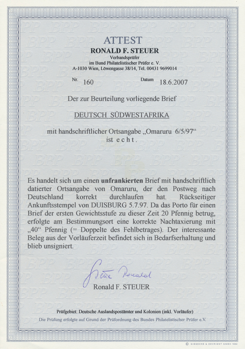 Br Deutsch-Südwestafrika - Stempel: 1897, "Omaruru 6.5.97" Handschriftlich Auf Unfrankiertem Bedarfsbri - Duits-Zuidwest-Afrika