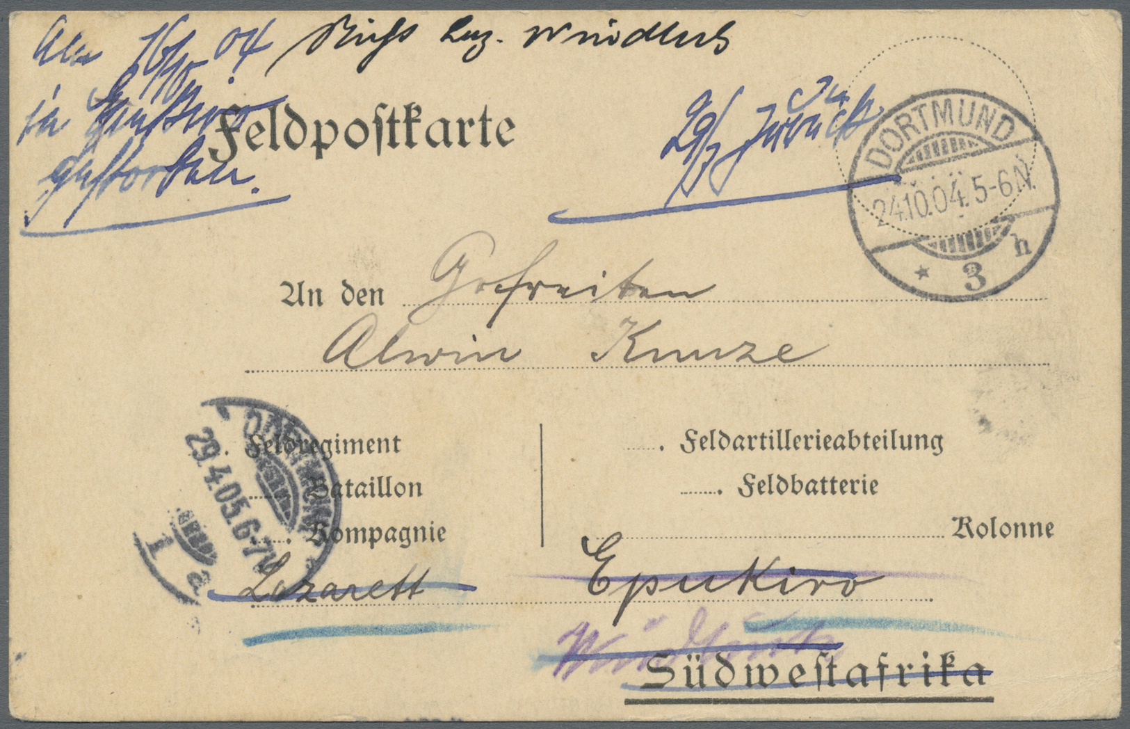 Br Deutsch-Südwestafrika - Besonderheiten: 1904 (24.10.), FP-Vordruckkarte Für Den Postverkehr Heimat-D - Sud-Ouest Africain Allemand