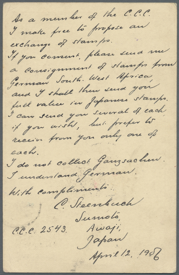 GA Deutsch-Südwestafrika - Besonderheiten: 1906 (12.4.), Japan. 4 SN. GA-Karte Aus AWAJI/Japan über KOB - Duits-Zuidwest-Afrika