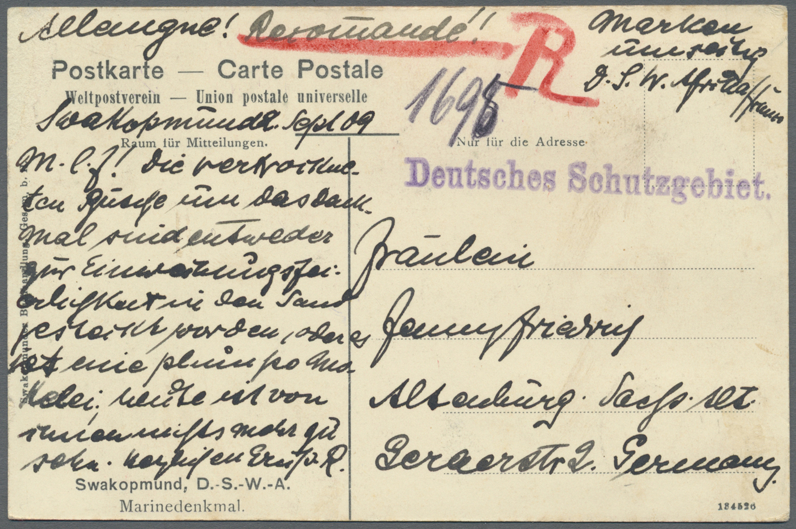 Br Deutsch-Südwestafrika - Besonderheiten: 1909 "Deutsche Seepost, Ostafrikanische Hauptlinie 22.9.09" - Duits-Zuidwest-Afrika
