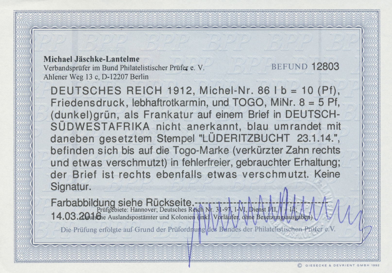 Br Deutsch-Südwestafrika - Besonderheiten: 1914, Brief Mit Germania 10 Pf. Friedensdruck Sowie Togo 5 P - Sud-Ouest Africain Allemand