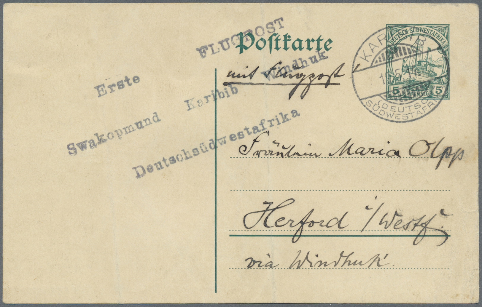 GA Deutsch-Südwestafrika - Besonderheiten: 1914: 5 Pfennig Schiffszeichnung-Ganzsache Als Flugpostkarte - Duits-Zuidwest-Afrika