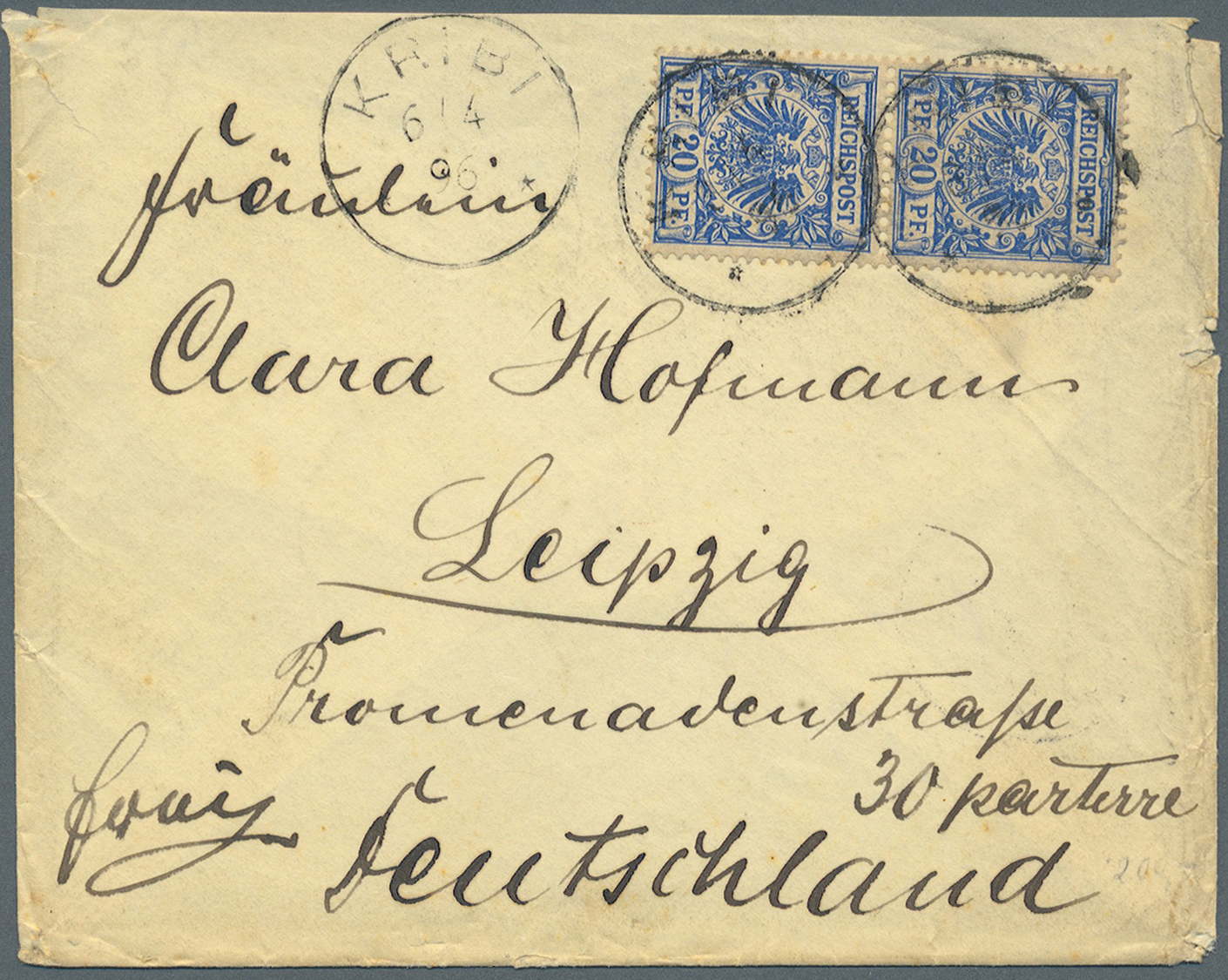 Br Deutsche Kolonien - Kamerun-Vorläufer: 1896, 6.4., 20 Pf Krone/Adler 2 Stück Als Doppelbriefporto Au - Kameroen