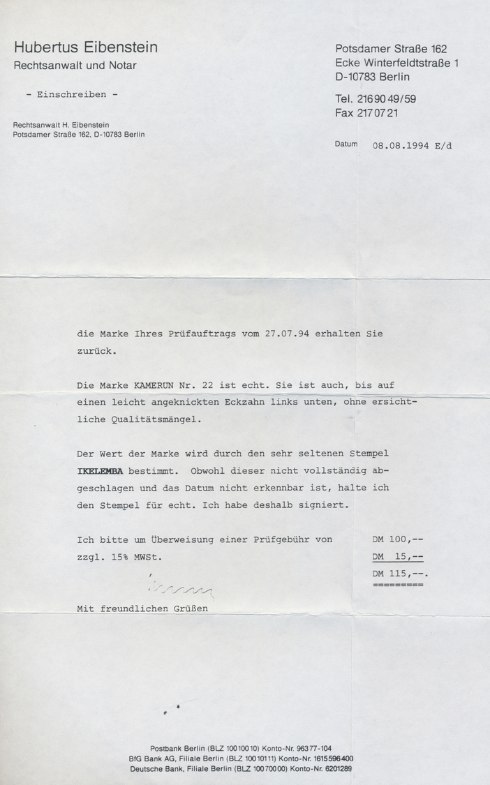 O Deutsche Kolonien - Kamerun: 1906, "IKELEMBA" äußerst Seltener Stempel Auf 10 Pf Schiffszeichnung Sa - Kameroen