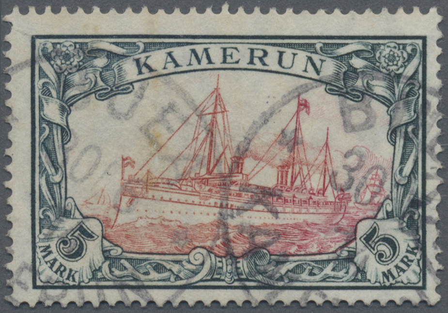 O Deutsche Kolonien - Kamerun: 1905. 5 Mk. Grünschwarz/rot Mit Wasserzeichen Rauten, Sehr Schönes Beda - Kameroen