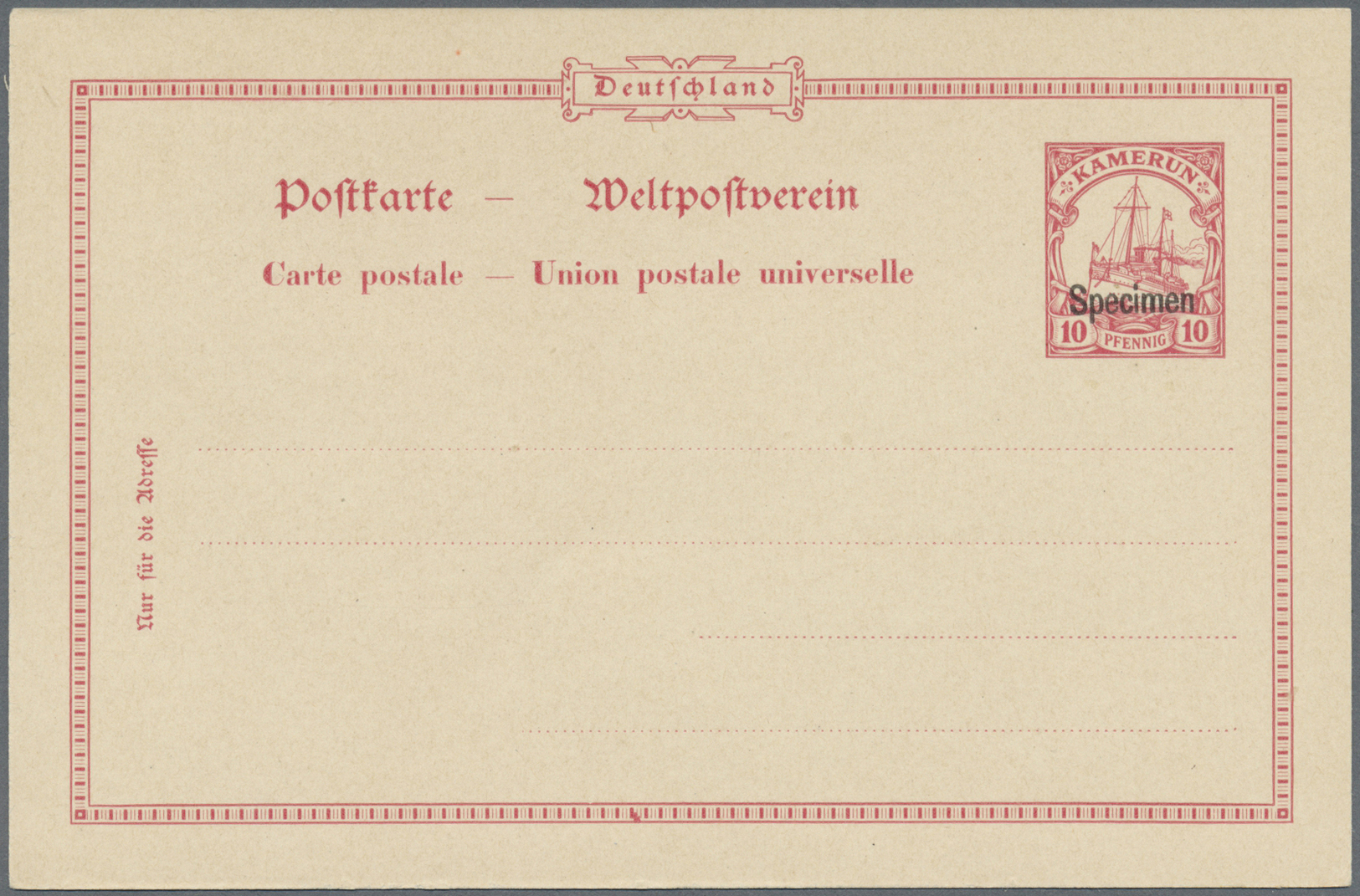 GA Deutsche Kolonien - Kamerun - Ganzsachen: 1900, Probedruckkarte 10 Pf Rot Mit Schwarzem Aufdruck "Sp - Kameroen