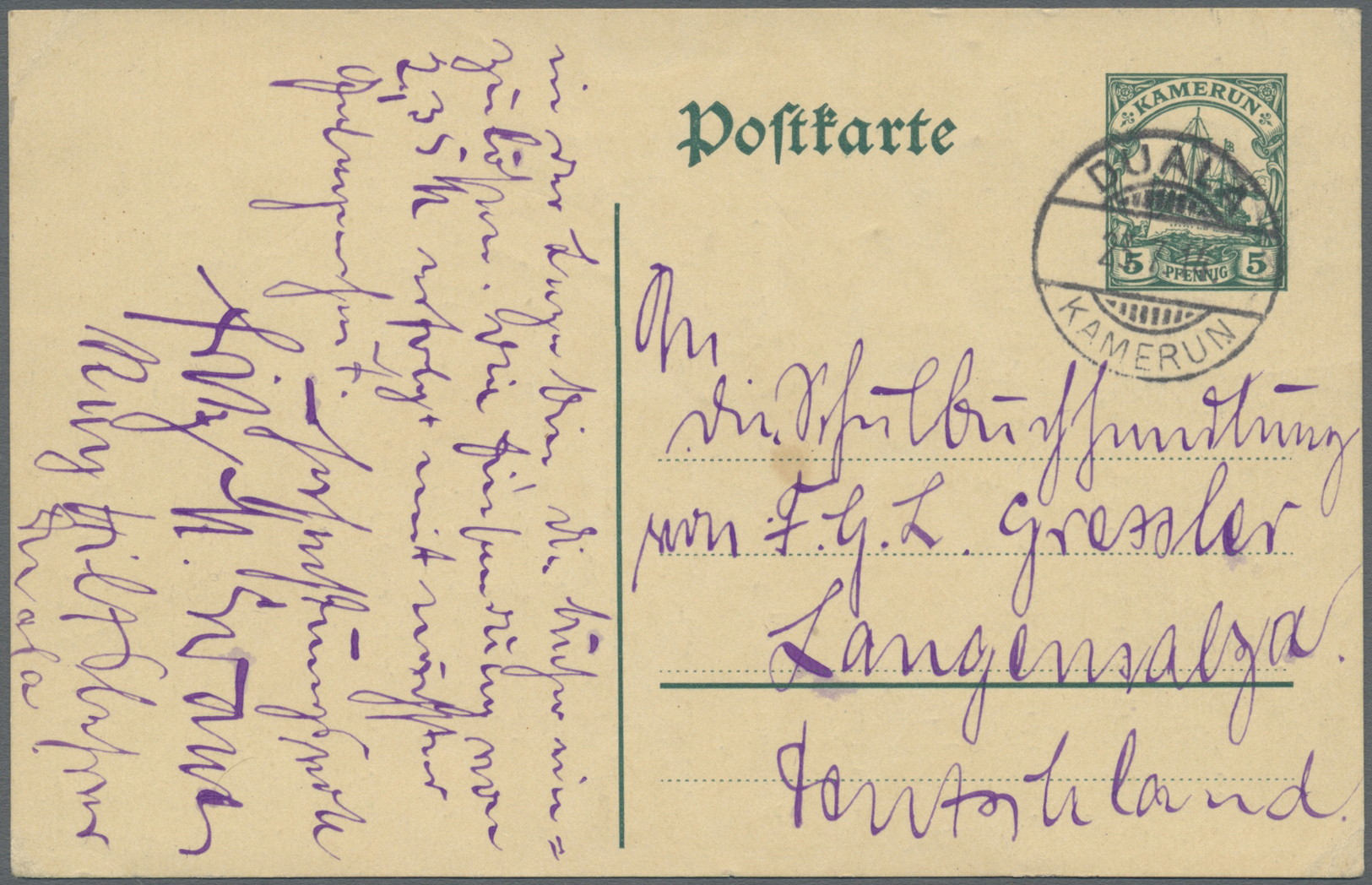 GA Deutsche Kolonien - Kamerun - Ganzsachen: 23.07.14: 5Pf GSK (Mi.P16) Mit Stempel DUALA Nach Langensa - Cameroun