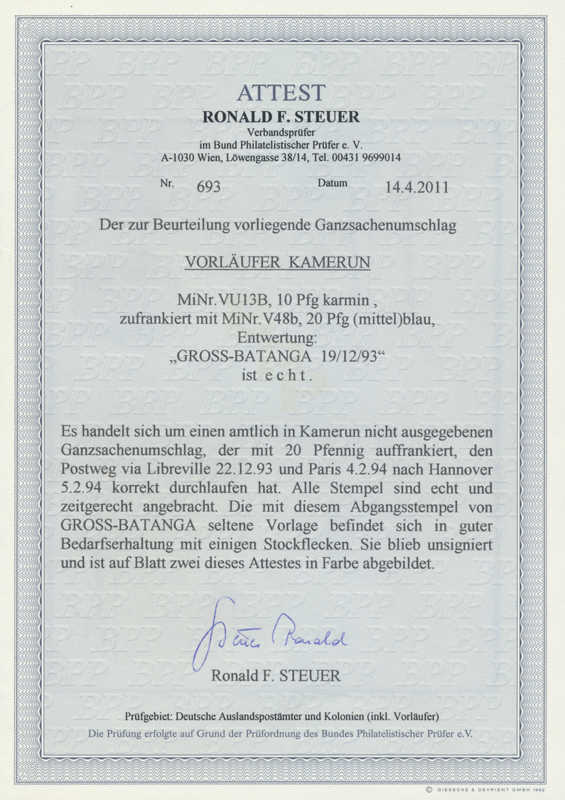 Br Deutsche Kolonien - Kamerun - Stempel: "GROSS-BATANGA 19.12.93", Zwei Glasklare Abschläge Auf 10 Pfg - Camerún