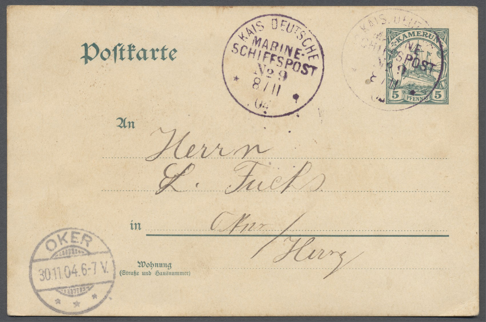 GA Deutsche Kolonien - Kamerun - Stempel: 1904, "KAIS.DEUTSCHE MARINE-SCHIFFSPOST No.9 8/11" (= SMS "Ha - Kameroen