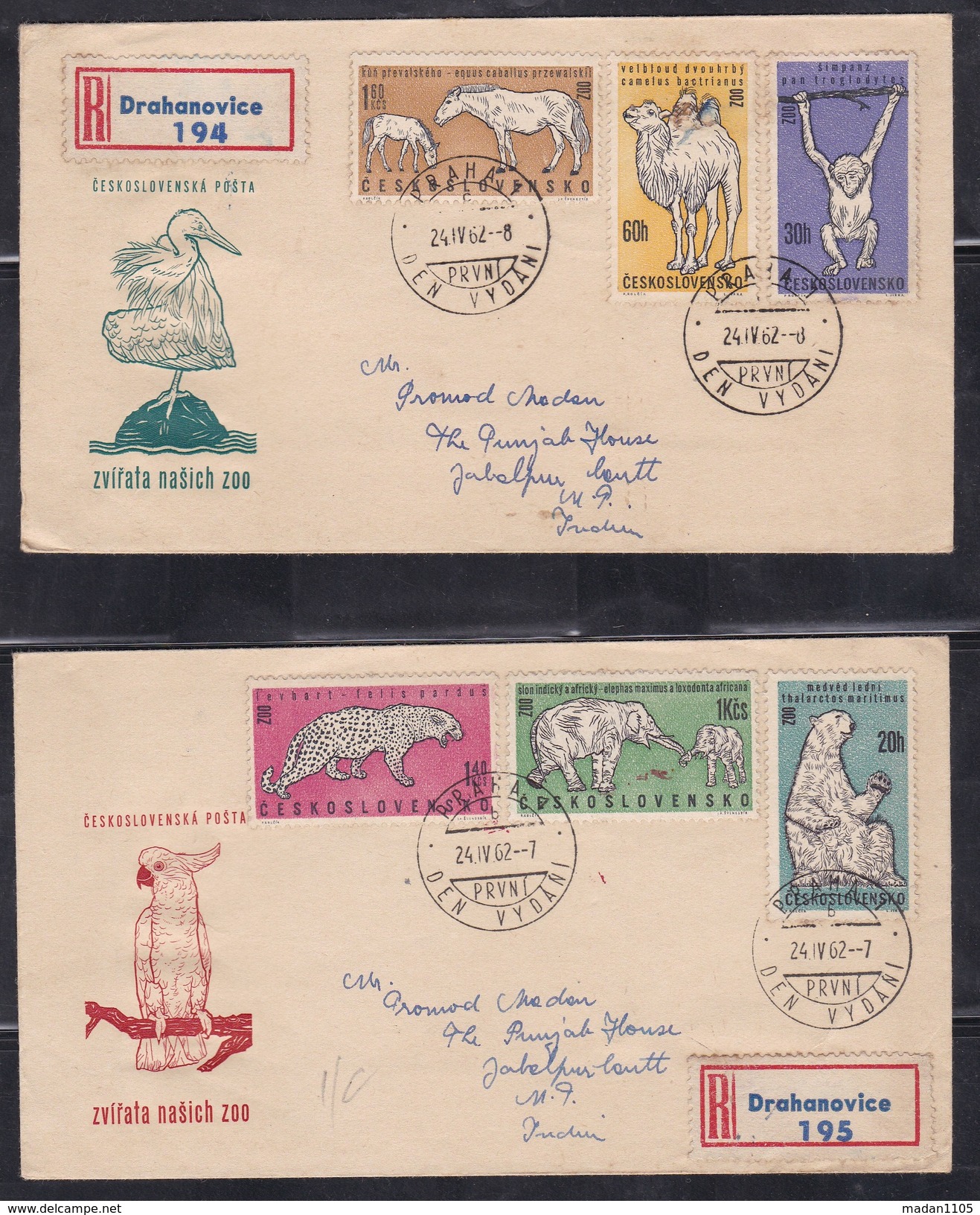 CZECHOSLOVAKIA, 1962, Set Of 2 FDC's, 30th Anniversary Of Prague Zoo, Fauna, Set 6 V Complete - Briefe U. Dokumente