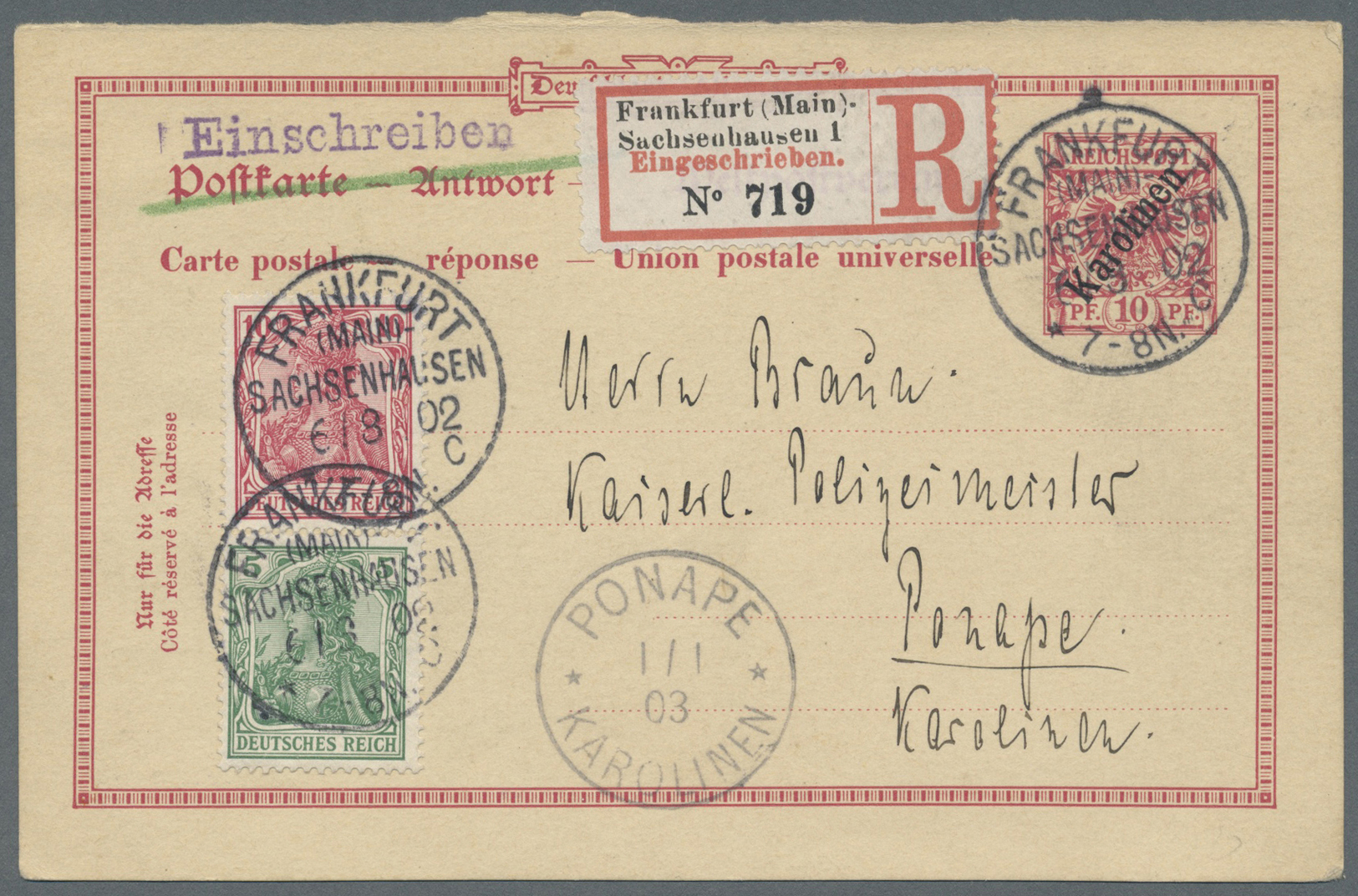 GA Deutsche Kolonien - Karolinen - Ganzsachen: 1902, 10 Pf. Ganzsachenkarte, Antwortteil, Mit Zfr 5 Pf. - Carolinen