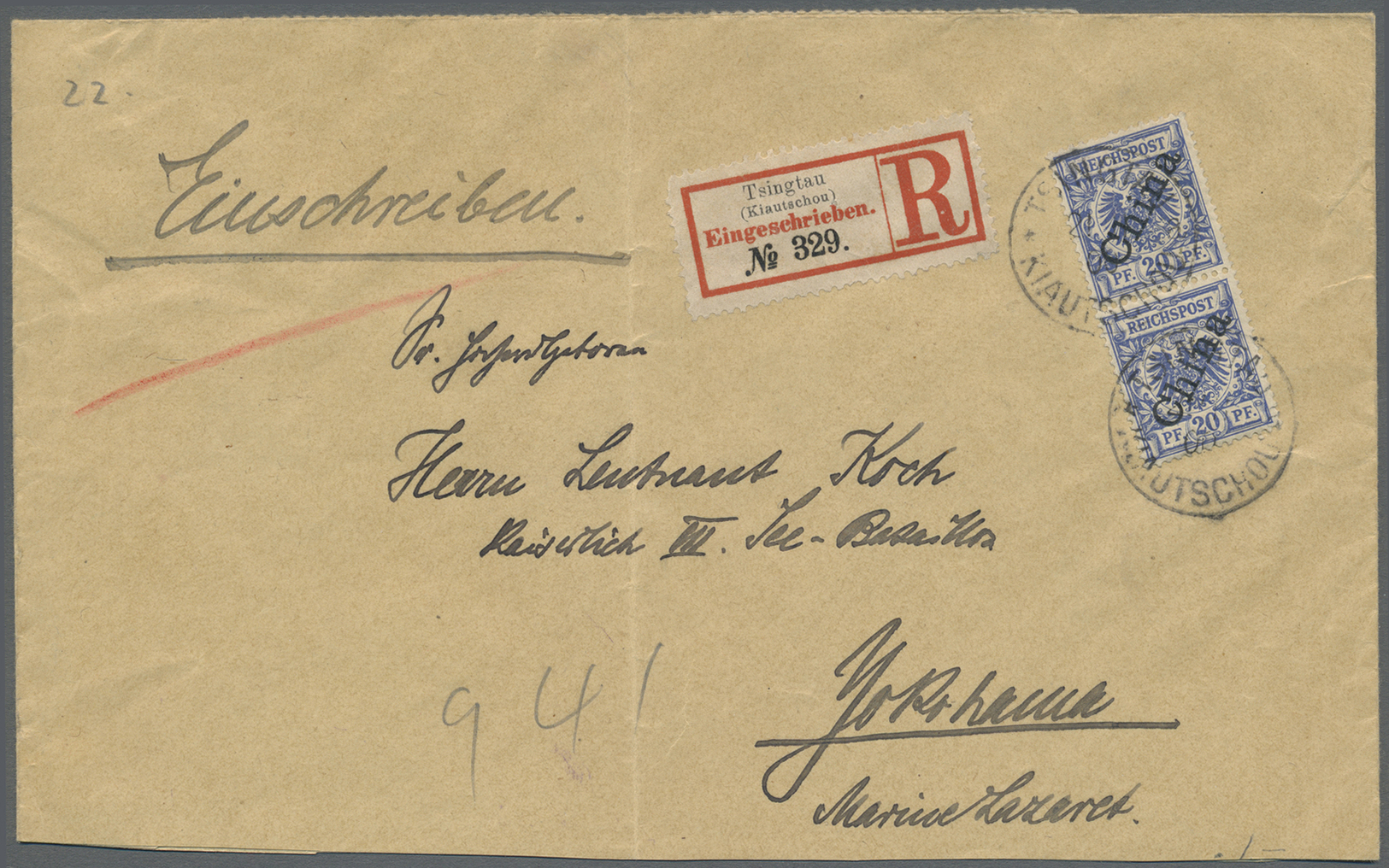 Br Deutsche Kolonien - Kiautschou-Vorläufer: 1900. R-Brief Mit Angegebener Frankatur Von "Tsingtau" Nac - Kiautchou