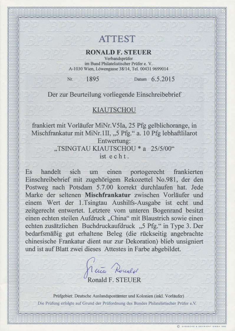 Br Deutsche Kolonien - Kiautschou-Vorläufer: 1900. R-Brief Mit Seltener Mischfr. Aus Vorläufer Und 1. T - Kiaochow