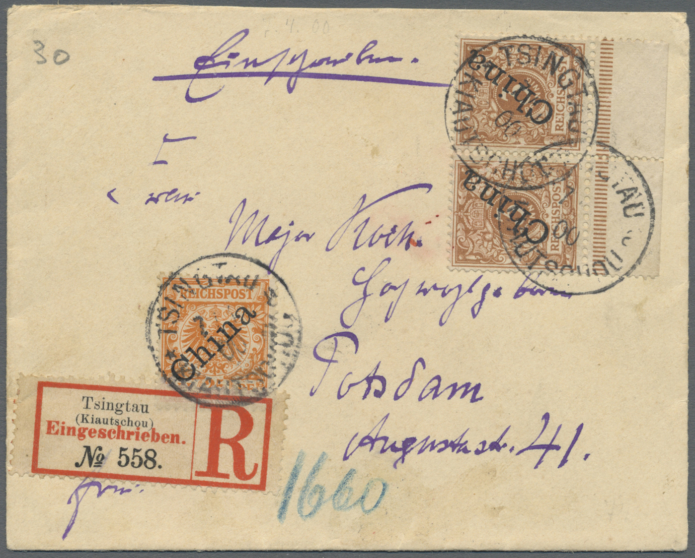 Br Deutsche Kolonien - Kiautschou-Vorläufer: 1900. R-Brief Von "Tsingtau 7.4.00" Nach Potsdam. FB Steue - Kiautchou
