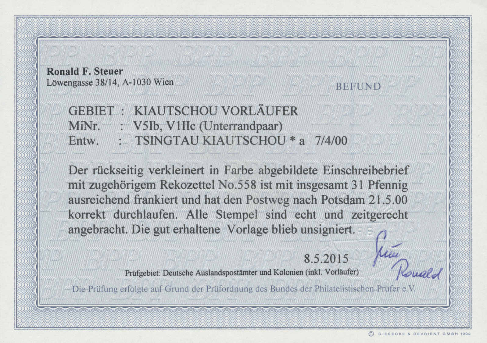 Br Deutsche Kolonien - Kiautschou-Vorläufer: 1900. R-Brief Von "Tsingtau 7.4.00" Nach Potsdam. FB Steue - Kiaochow