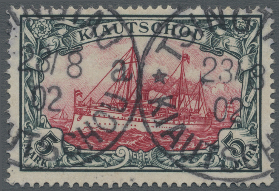 O Deutsche Kolonien - Kiautschou: 1901, 5 Mark "Schiff", Sauber Gest. "Tsingtau 23.08.1902". Attest Jä - Kiaochow
