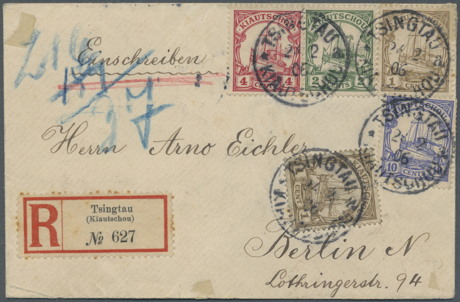 Br Deutsche Kolonien - Kiautschou: 1906: Portogerechte, Dekorative 4 Farben-Frankatur  Auf R- Brief Von - Kiautchou