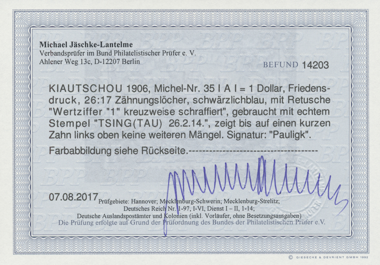 O Deutsche Kolonien - Kiautschou: 1906: 1 Dollar Friedensdruck Mit Retusche Der Abart "Wertziffer "1" - Kiaochow