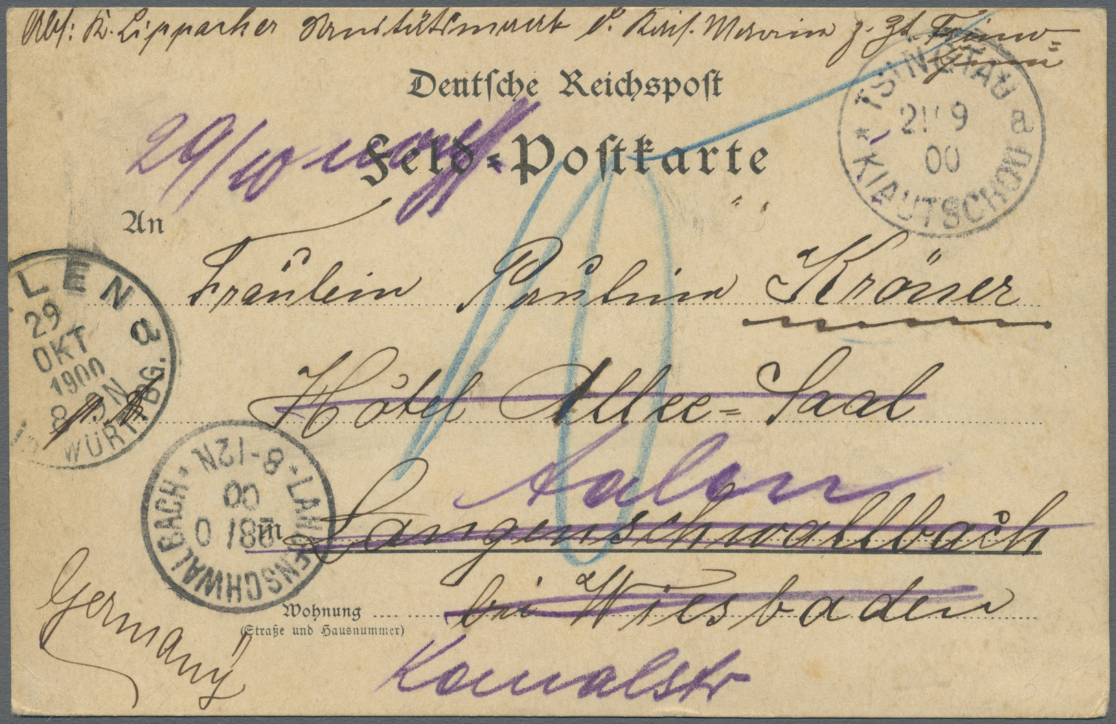 Br Deutsche Kolonien - Kiautschou: 21.09.00: Feldpostkarte Mit Stempel TSINGTAU Geschrieben In "Tsimo" - Kiaochow